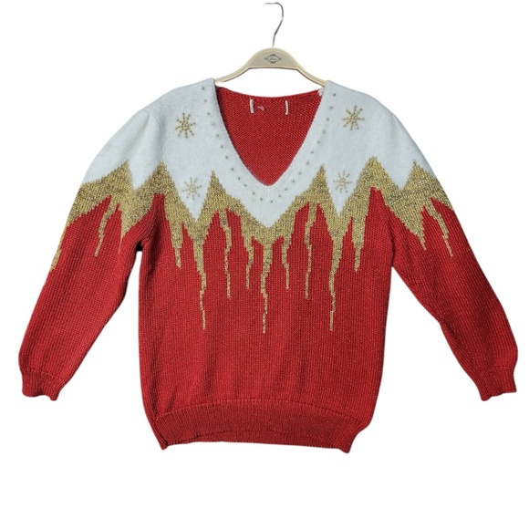 Red Vintage Ugly Christmas Sweater - V Neck(UNISEX) - Picture 1 of 9